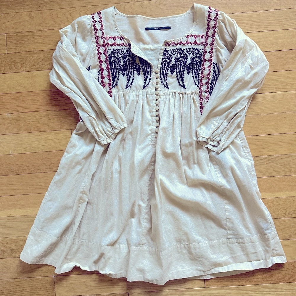 Anthropologie Beige Dress with Black and Red Embroidery